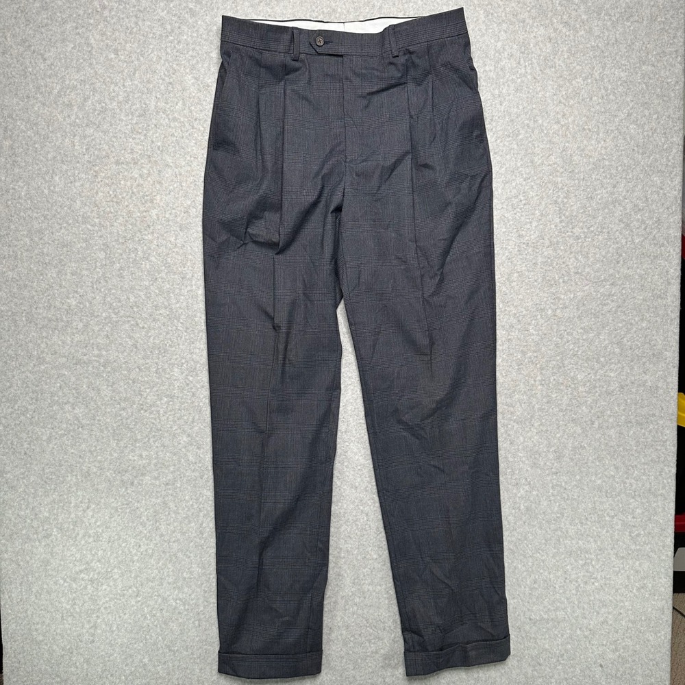 Ralph Lauren Mens 34x34 Grey Glen Plaid Pleated Cuffed Dress Pants Trousers